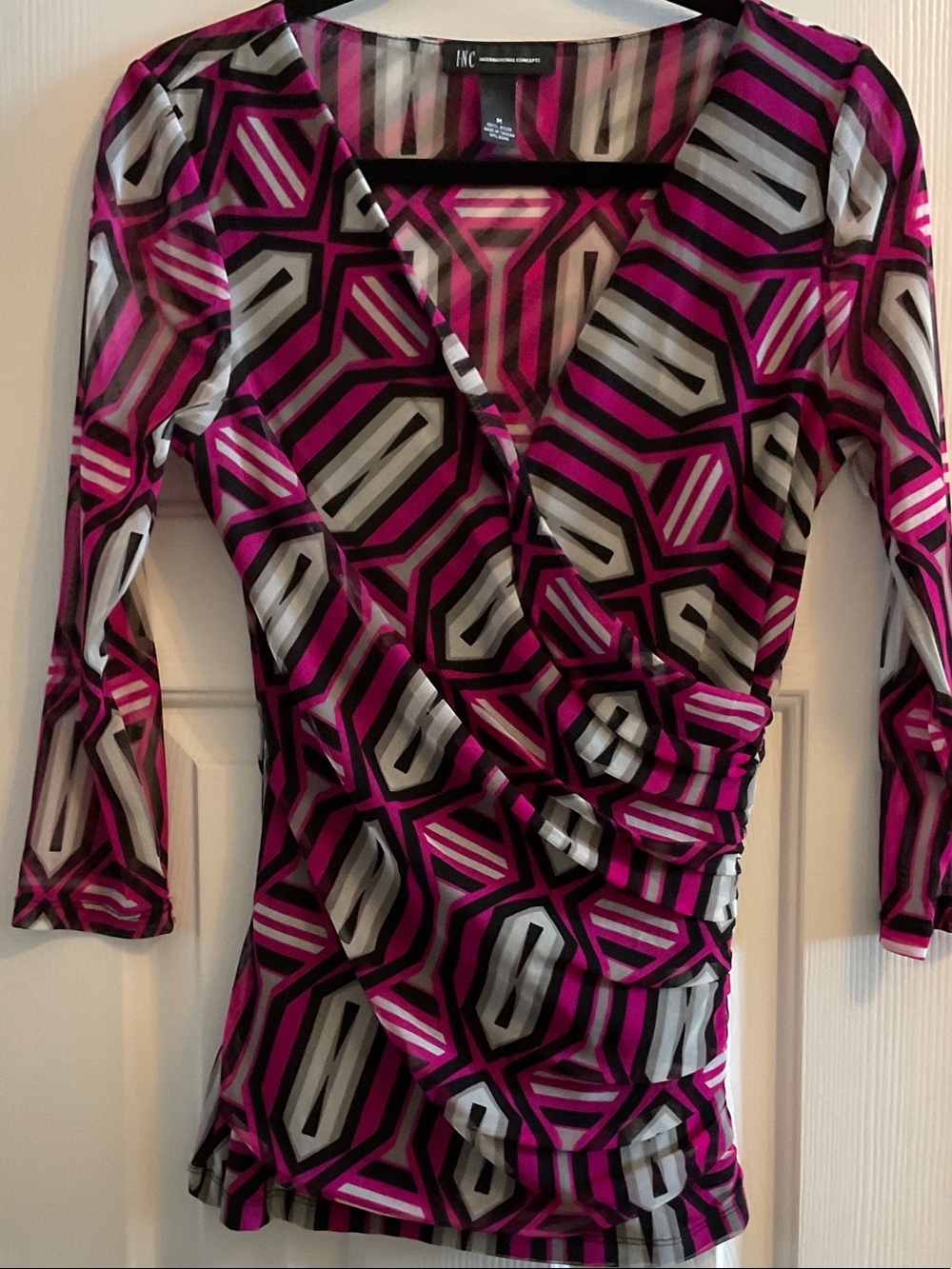 INC International Concepts Magenta & Black Geometric Faux-Wrap top